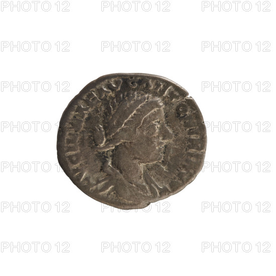 Denarius, Lucius Verus (130–169, Roman emperor 161–169) and Lucilla (149–182/183, Roman empress 164–169), 164–169 CE. Silver coin (denarius), weight 3.04 g. Obverse: Bust of Lucilla facing right, hair arranged in waves and tied in a bun at the back of the head; inscription: 'LVCILLAE AVG ANTONINI AV' (adv.). Reverse: Venus standing left, right hand raised holding an apple, left hand holding a scepter; pearl border. Roman Empire, Rome.