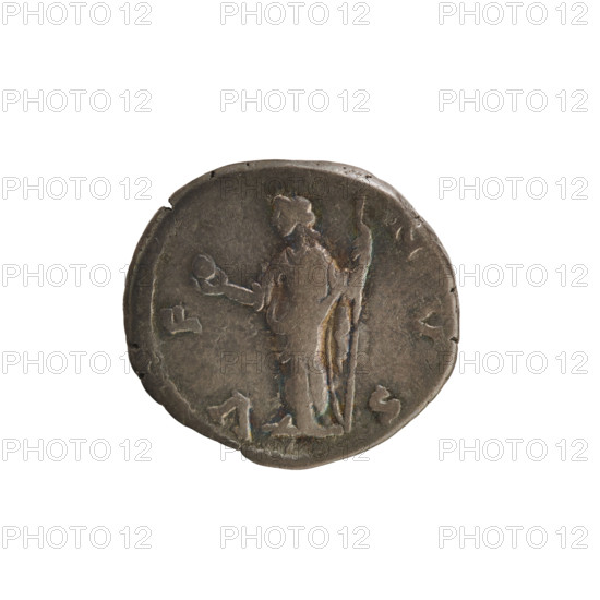 Denarius, Lucius Verus (130–169; Roman emperor 161–169), Lucilla (149–182; Roman empress 164–169). Obverse: bust of Lucilla right, hair arranged in waves and tied in a bun at the back of the head; inscription ADV. LVCILLAE AVG ANTONINI AV. Reverse: Venus stands facing left, right hand raised holding an apple, left holding a scepter; pearl border; inscription VE NVS. Date: 164–169. Roman Empire (27 BC–476), Rome. Coin; weight 3.04 g.