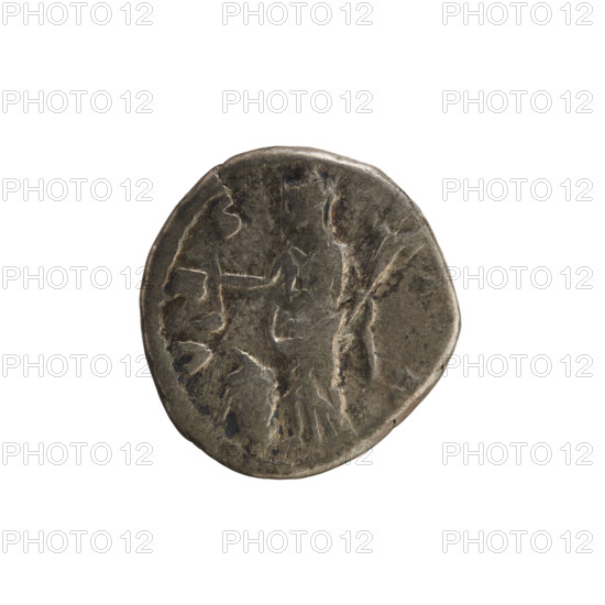 Denarius, Lucius Verus (130–169; Roman emperor 161–169) and Lucilla (149–182; Roman empress 164–169). Obverse: bust of Lucilla facing right, hair arranged in waves and tied in a bun at the back of the head; pearl border; inscription: 'ADV. LVCILLAE AVG ANTONINI AV' (variant). Reverse: Vesta stands facing left, in her right raised hand holds a simpulum over a burning altar, in her left a palladium; pearl border; inscription: 'VEST' (variant). Hoard find from Golub (numism.). Date: 164–169. Culture/place: Roman Empire, Rome. Object type: coin (denarius). Weight: 3.04 g. Axis: 180°.