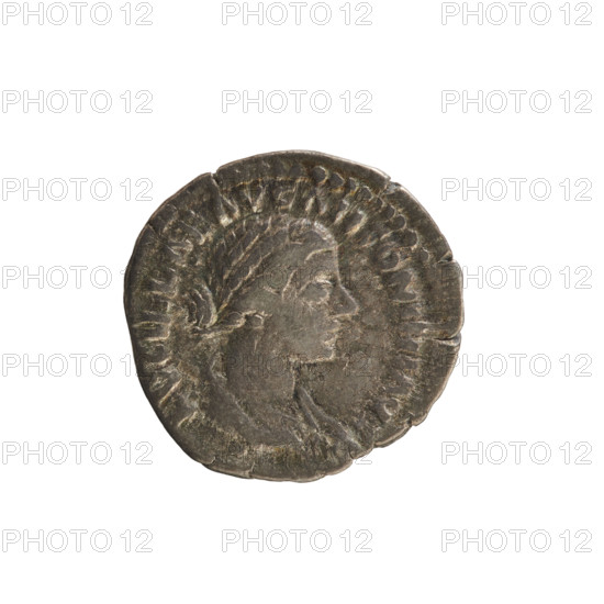 Denarius, Lucius Verus (130–169, Roman emperor 161–169) and Lucilla (149–182/183, Roman empress 164–169). Obverse: bust of Lucilla right, hair arranged in waves and tied in a bun at the back of the head; pearl border; legend ADV. LVCILLAE AVG ANTONINI AVG. Reverse: VESTA standing left, right hand raised holding a simpulum over a burning altar, left holding a palladium; pearl border; legend V E S T A. Date: 164–169. Roman Empire (27 BC–476), Rome. Coin; silver denarius; weight 3.20 g; axis 180°.