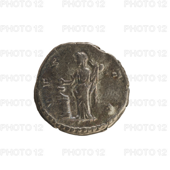 Denarius, Lucius Verus (130–169; Roman emperor 161–169) and Lucilla (149–182; Roman empress 164–169). Imperial busts: Bust of Lucilla on the right, hair arranged in waves and tied in a bun at the back of the head; pearl border. Reverse: VESTA—Vesta stands facing left, right raised holding a simpulum over a burning altar, left holding a palladium; pearl border. Inscription: 'ADV. LVCILLAE AVG ANTONINI AVG' (obverse) and 'VESTA' (reverse). Date: 164–169. Culture: Roman Empire. Place: Rome. Object: coin (denarius). Weight: 3.20 g. Axis: 180°.