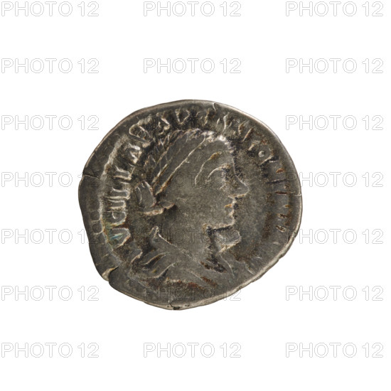 Denarius, Lucius Verus (130–169; Roman emperor 161–169) and Lucilla (149–182; Roman empress 164–169). Obverse: Bust of Lucilla to right, hair arranged in waves and tied in a bun at the back of the head; pearl border; inscription ADV. LVCILLAE AVG ANTONINI. Reverse: Vesta stands facing left, right hand raised holding a simpulum over a burning altar, left hand holding a palladium; pearl border; inscription V E S T A. Date: 164–169. Roman Empire (27 BC–476), Rome. Coin (denarius), weight 2.88 g, axis 180°.