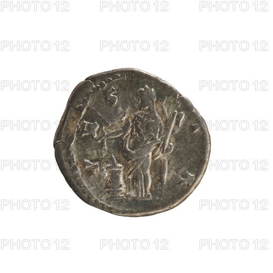 Denarius, Lucius Verus (130–169; Roman emperor 161–169) and Lucilla (149–182; Roman empress 164–169). Obverse: bust of Lucilla facing right, hair arranged in waves and tied in a bun at the back of the head; pearl border; inscription ADV. LVCILLAE AVG ANTONINI. Reverse: Vesta standing left, right hand raised holding a simpulum over a burning altar, left holding a palladium; pearl border; inscription V E S T A. 164–169, Roman Empire (27 BC–476), Rome. Coin; weight 2.88 g; axis 180°.