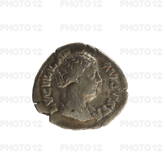 Denarius of Lucius Verus (130–169) and Lucilla (149–182), Roman Empire, 164–169. Obverse: Bust of Lucilla right, hair styled in waves and tied in a bun at the back of the head; pearl border; inscription 'ADV. LVCILLA AVGVSTA'. Reverse: Juno (IVNONI LVCINAE) seated turned left, holding a flower in her right hand and a child in her left; pearl border. Coin (Rome), weight 2.94 g, axis 180°.