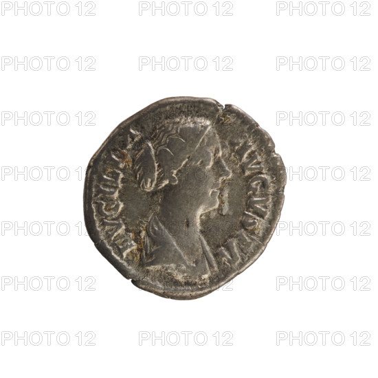 Denarius, Lucius Verus (130–169; Roman emperor 161–169) and Lucilla (149–182; Roman empress 164–169). Obverse: LVCILLA AVGVSTA — bust of Lucilla right, hair styled in waves and tied in a bun at the back of the head; pearl border. Reverse: PVDICITIA — Pudicitia seated turned left, right hand on chest, left hand at side; pearl border. Date: 164–169. Culture: Roman Empire (27 BC–476). Place: Rome. Medium: coin. Weight: 2.81 g. Axis: 180°.