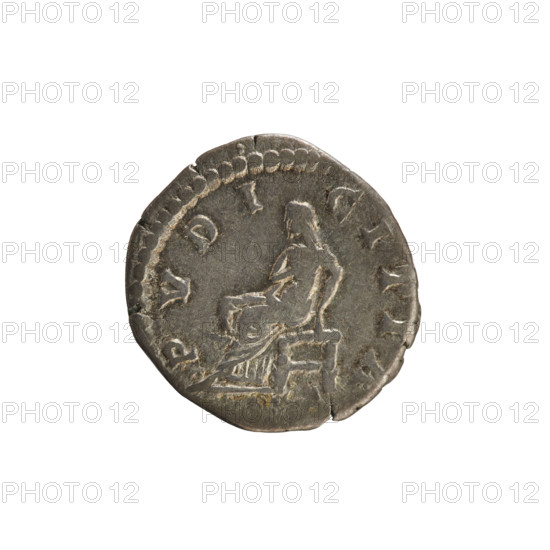 Denarius; Lucius Verus (130–169, Roman emperor 161–169) and Lucilla (149–182/183, Roman empress 164–169). Obverse: Bust of Lucilla right, hair styled in waves and tied in a bun at the back of the head; pearl border; inscription 'LVCILLA AVGVSTA'. Reverse: Pudicitia seated turned left, right hand on chest, left hand at side; pearl border; inscription 'PVDICITIA'. Date: 164–169. Roman Empire (27 BC–476). Rome. Coin; weight 2.81 g; axis 180°.
