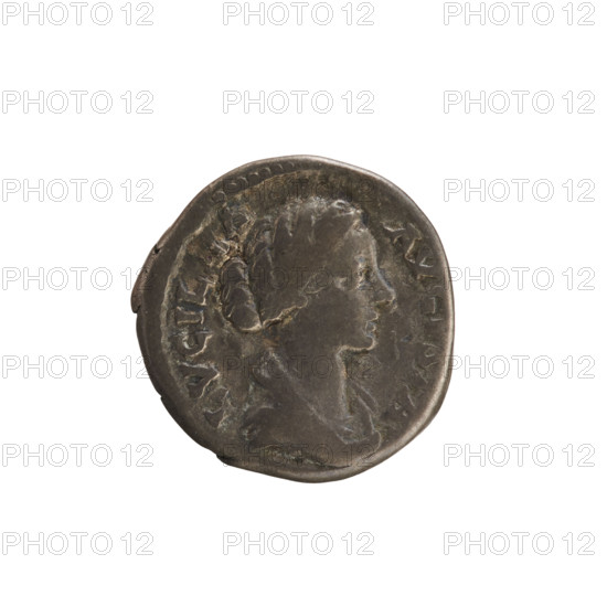Denarius, Lucius Verus (130–169; Roman emperor 161–169) and Lucilla (149–182; Roman empress 164–169). Obverse: bust of Lucilla right, hair arranged in waves and tied in a bun at the back of the head; pearl border; inscription ADV. LVCIL, A AVGVSTA. Reverse: VENVS VICTRIX — Venus stands facing left holding Victoria in her raised right hand, resting her left hand on a shield standing on a helmet; pearl border. Imperial busts; iconography of Lucilla and Victoria. Date: 164–169. Roman Empire (27 BC–476). Rome. Coin; weight 3.13 g.