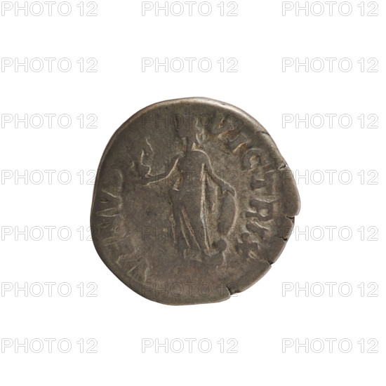 Denarius, Lucius Verus (130–169) and Lucilla (149–182), 164–169 CE. Obverse: Bust of Lucilla right, hair arranged in waves and tied in a bun at the back of the head; pearl border; inscription ADV. LVCIL, A AVGVSTA. Reverse: VENVS VICTRIX — Venus stands facing left, holding Victoria in her raised right hand, resting her left hand on a shield standing on a helmet; pearl border. Imperial busts; iconography of Lucilla, Venus, Victoria, shield. Roman Empire (27 BC–476), Rome. Coin; weight 3.13 g.
