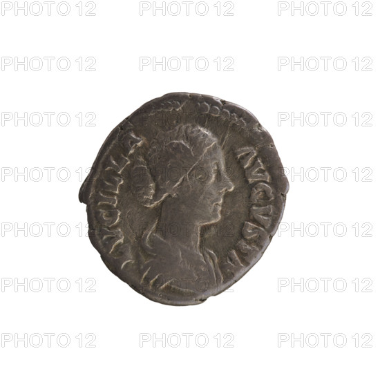 Denarius of Lucius Verus (130–169; Roman emperor 161–169) and Lucilla (149–182; Roman empress 164–169). Obverse: Bust of Lucilla right, hair styled in waves and tied in a bun at the back of the head; pearl border; inscription ADV. LVCILLA AVGVSTA. Reverse: VNS VICTRIX; Venus stands facing left, holding Victoria in her raised right hand and resting her left hand on a shield; pearl border. Date: 164–169. Roman Empire (27 BC–476), Rome. Coin; weight 2.90 g.