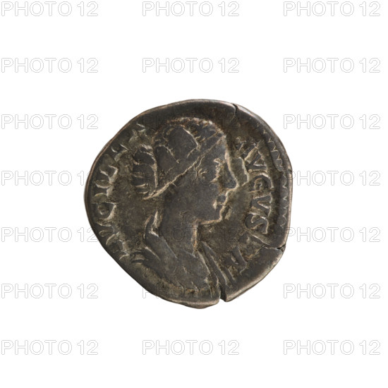Denarius, Lucius Verus (130–169; Roman emperor 161–169) and Lucilla (149–182; Roman empress 164–169). Obverse: Bust of Lucilla right, hair styled in waves and tied in a bun at the back of the head. Pearled border. Inscription: ADV. LVCILLA AVGVSTA. Reverse: VENVS VICTRIX — Venus stands facing left, holding Victoria in her raised right hand, resting her left on a shield standing on a helmet. Pearled border. Date: 164–169. Roman Empire (27 BC–476), Rome. Coin; weight 2.69 g.