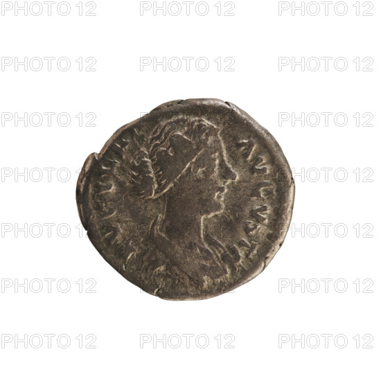 Denarius of Lucius Verus (130–169) and Lucilla (149–182), 164–169 CE. Obverse: Bust of Lucilla right, hair styled in waves and tied in a bun at the back of the head; pearl border; inscription 'ADV. LVCILLA AVGVSTA'. Reverse: Venus stands facing left, holding Victoria in her raised right hand, left hand resting on a shield standing on a helmet; pearl border; inscription 'ENVS VI C TRIX'. Roman Empire (27 BC–476). Coin; weight 2.24 g; axis 180°.
