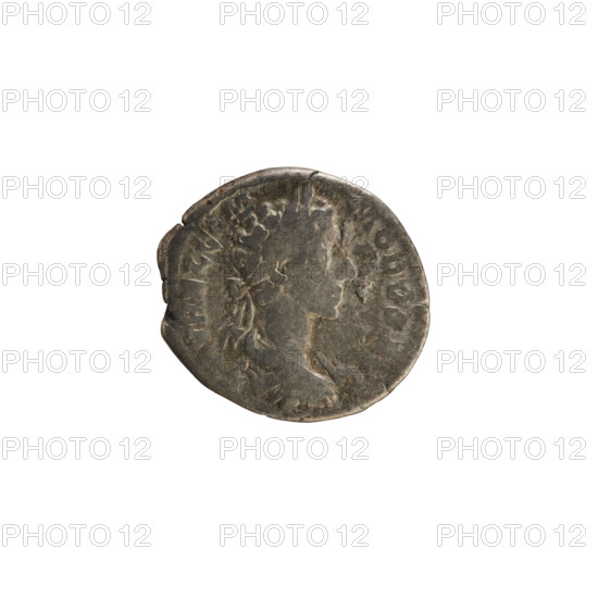 Denarius, Marcus Aurelius (121–180; Roman emperor 161–180). Obverse: Bust of Commodus (161–192; Roman emperor 177–192) right, wearing a laurel wreath, armor and drapery; pearl border; inscription L AVREL COM MODV. Reverse: Salus seated facing left, holds a branch (twig) in her right raised hand, rests her left elbow on the back of the seat, a snake at her feet; inscription TR P III IMP II COS PP. Hoard find noted. 178 CE; Roman Empire (27 BC–476); Rome. Coin; weight 2.75 g; axis 180 degrees.