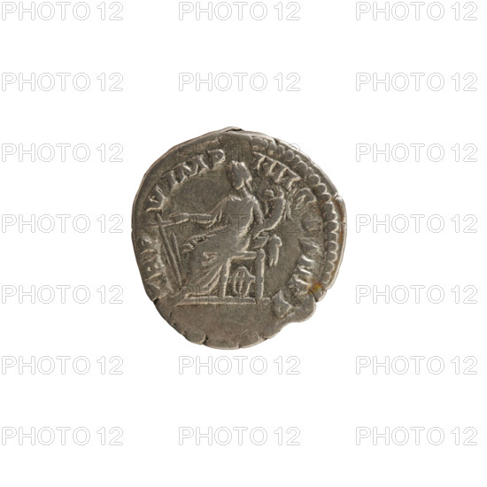 Denarius of Commodus (161–192; Roman emperor 177–192). Obverse: bust of the emperor to right, wearing a laurel wreath, armor, and drapery; pearl border; inscription 'M COMMODV ANTONINVS AVG'. Reverse: Fortuna seated facing left, holding a rudder in her right hand and a cornucopia in her left, with a wheel under the seat; pearl border; inscription 'TR P V IMP IIII C, II PP'. Treasure from Golub (numism.) context. Roman Empire (27 BC–476), Rome; coin; weight 3.01 g; axis 180°.