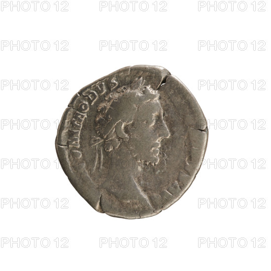 Denarius of Commodus (reigned 177–192). Obverse: Emperor's head right, wearing a laurel wreath; inscription OMMODVS AV. Reverse: Annona standing left, holding ears of corn in her raised right hand and a cornucopia in her left; a modius with ears of corn before her; inscription P VI · IMP · COS III PP. Pearl border. Roman Empire (27 BC–476), Rome; coin; weight 2.78 g; axis 180°.