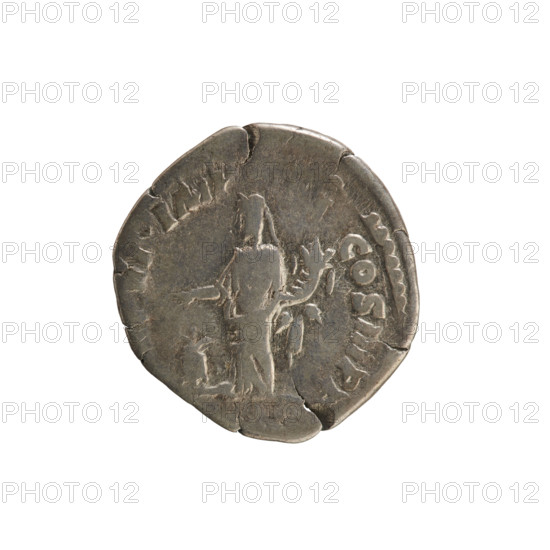 Denarius of Commodus (161–192; Roman emperor 177–192). Obverse: Emperor's head right, with laurel wreath, legend OMMODVS AV. Reverse: Annona standing left, holding ears of corn in her raised right hand and a cornucopia in her left; in front, a modius with ears of corn; legend P VI IMP COS III PP. Pearl border. Roman Empire (27 BC–476), Rome; coin; weight 2.78 g; axis 180°.