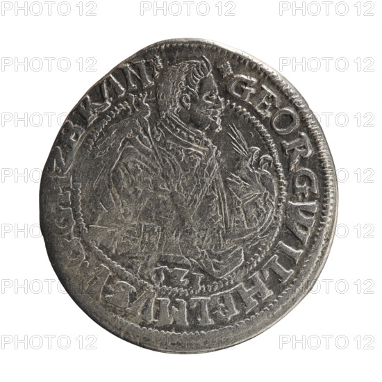 Obv. A bust in armor turned right, girded with a sash, a sceptre in his right hand. In front of the bust, on the right side in the coin field, a helmet with a plume. Below the date numeral 1621. The figure's head divides the inner border. In the rim between the borders, the inscription +GEORG.WILHELMUS.V., .Z.BRAN.x Rv. Under the ducal mitre, a five-field coat of arms shield with ornaments. In the rim between the borders an inscription divided by a mitre +DHRRER, CV, 1621. George William Hohenzollern (Elector of Brandenburg; Duke of Prussia; 1620-1640). Ducal Prussia (1525-1701), Königsberg. Coin: diameter 29.2 mm, dia. 31.0 mm, weight 6.30 g, axis 70 degrees.
