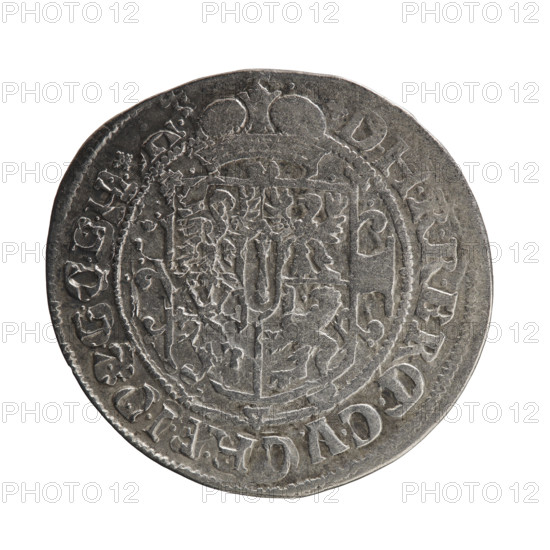 Obv. A bust in armor turned right, girded with a sash, a sceptre in his right hand. In front of the bust, on the right side in the coin field, a helmet with a plume. Below the date numeral 1621. The figure's head divides the inner border. In the rim between the borders, the inscription +GEORG.WILHELMUS.V., .Z.BRAN.x Rw. Under the ducal mitre, a five-field coat of arms shield with ornaments. In the rim between the borders an inscription divided by a mitre +DHRRER, CV, 1621. George William Hohenzollern (Elector of Brandenburg; Duke of Prussia; 1620–1640). Ducal Prussia (1525–1701), Königsberg. Coin: diameter 29.2 mm, diameter 31.0 mm, weight 6.30 g, axis 70 degrees. Maker: Pfahler, Ernest.