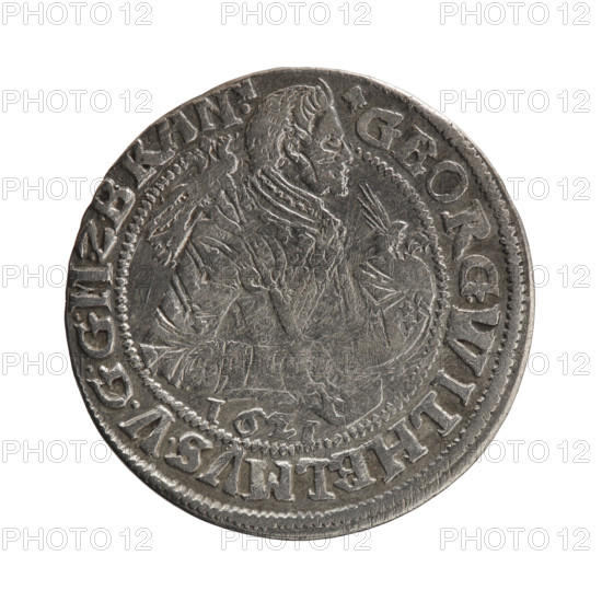 Obv. A bust in armor turned right, girded with a sash, a sceptre in his right hand. In front of the bust, on the right side in the coin field, a helmet with a plume. Below the date numeral 1621. The figure's head divides the inner border. In the rim between the borders, the inscription +GEORG.WILHELMUS.VGGMZ. Rev. Under the ducal mitre, a five-field coat of arms shield with ornaments. In the rim between the borders an inscription divided by a mitre, ending with a heart - mint master's mark +DHRRERT.CVCHVR.EIPZ. 1621. George William of Hohenzollern (Elector of Brandenburg; Duke of Prussia; 1620–1640). Ducal Prussia (1525–1701), Königsberg. Coin: diameter 29.7 mm, weight 6.21 g, axis 90°.