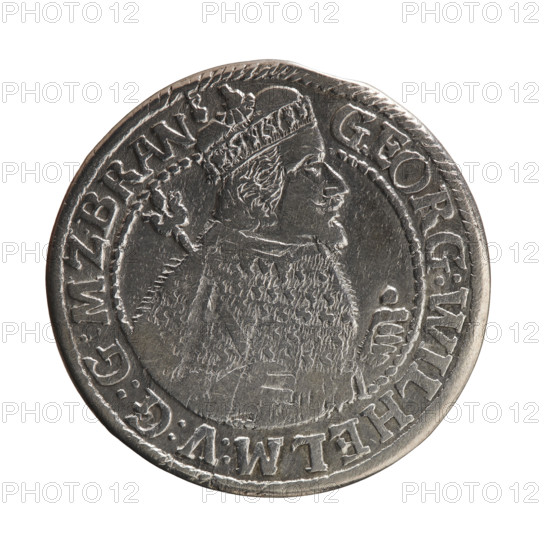 Obv. Bust facing right in mitre and electoral mantle. A sceptre in his right hand, the left resting on a sword hilt. The figure's head divides the inner border. On the rim between the borders is an inscription ending with a heart GEORG:WILHELM:V:G:G:MZBRAN. Rev. Below the ducal mitre, a five-field coat of arms with ornaments. On the sides of the shield are the date numerals 2-2. In the rim between the borders an inscription divided by a mitre and ending with a heart D:H:R:R:ERT:C:V:CHVRF:I:P:Z:G:G:B:H:. 1622. George William Hohenzollern (Elector of Brandenburg; Duke of Prussia; 1620–1640). Ducal Prussia (1525–1701), Königsberg. Coin: diameter 34.0 mm, weight 6.52 g, axis 0°.