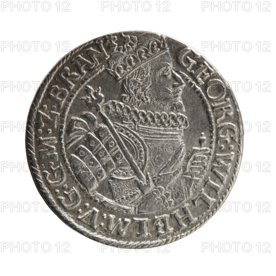 Obv. Bust facing right in a mitre, wide ruff and armor girded with a sash. A sceptre in his right hand, the left resting on a sword hilt. The figure's head divides the inner border. On the rim between the borders is an inscription ending with a heart GEORG:WILHELM:V:G:G:M:Z:BRAN. Rev. Below the ducal mitre, a five-field coat of arms with ornaments. On the sides of the shield are the date numerals 2-2. In the rim between the borders, an inscription divided by a mitre :D:H:R:R:ERT:C:V:CHVRF:I:P:Z:G:C:B:H. 1622. George William Hohenzollern (Elector of Brandenburg; Duke of Prussia; 1620–1640). Ducal Prussia (1525–1701), Königsberg. Coin; diameter 29.8 mm; weight 6.60 g; axis 0°.