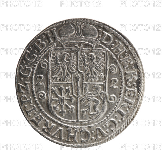 Obv. Bust facing right in a mitre, wide ruff and armor girded with a sash. A sceptre in his right hand, the left resting on a sword hilt. The figure's head divides the inner border. On the rim between the borders is an inscription ending with a heart GEORG:WILHELM:V:G:G:M:Z:BRAN. Rev. Below the ducal mitre, a five-field coat of arms with ornaments. On the sides of the shield are the date numerals 2-2. In the rim between the borders, an inscription divided by a mitre :D:H:R:R:ERT:C:V:CHVRF:I:P:Z:G:C:B:H. 1622. George William, Elector of Brandenburg; Duke of Prussia (1620–1640). Ducal Prussia (1525–1701), Königsberg. Coin; diameter 29.8 mm; weight 6.60 g; axis 0°.