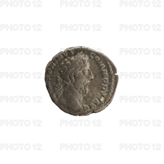 Denarius, Commodus (161–192; Roman emperor 177–192). Obverse: Emperor's head right, wearing a laurel wreath; pearl border; inscription TONINVS COMMODVS AVG. Reverse: Annona standing left, right hand holding ears of corn above a modius, left hand holding a cornucopia; pearl border; inscription TR P VII. IMP. IIII COS. Roman Empire, Rome, 181–182. Coin; weight 2.91 g.