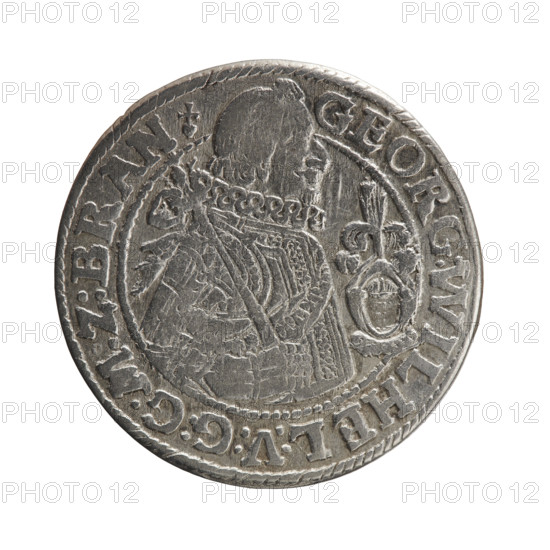 Obv. Bust facing right in a wide ruff, armor, girded with a sash. A sceptre in his right hand. In front of the bust, on the right side in the coin field, a helmet with a plume and a raised visor. The head of the figure divides the inner border. On the rim between the borders is an inscription ending with a heart GEORG:WILHEL:V:G:G:M:Z:BRAN. Rev. Under the ducal mitre, a five-field coat of arms with ornaments. On the sides of the shield, the date numerals ZZ. On the rim, between the rims, an inscription divided by a mitre and ending with a heart D:H:R:R:ERT:C:V:CHVRF:I:P:Z:G:C:B:H, 1622. Ducal Prussia (1525–1701), Königsberg. Coin: diameter 29.5 mm, weight 5.60 g, axis 0°.