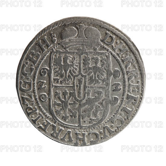 Obv. Bust facing right in a wide ruff, armor, girded with a sash. A sceptre in his right hand. In front of the bust, on the right side in the coin field, a helmet with a plume and a raised visor. The head of the figure divides the inner border. On the rim between the borders is an inscription ending with a heart GEORG:WILHEL:V:G:G:M:Z:BRAN. Rev. Under the ducal mitre, a five-field coat of arms with ornaments. On the sides of the shield, the date numerals ZZ. On the rim, between the rims, an inscription divided by a mitre and ending with a heart D:H:R:R:ERT:C:V:CHVRF:I:P:Z:G:C:B:H, 1622. Ducal Prussia (1525–1701), Königsberg. Coin: diameter 29.5 mm, weight 5.60 g, axis 0°.