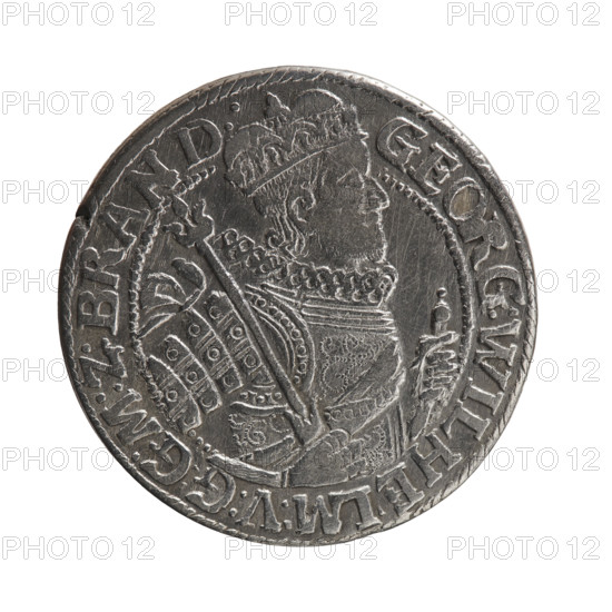 Obv. Bust facing right in a mitre, wide ruff, and armor girded with a sash. A sceptre in his right hand, the left resting on a sword hilt. The figure's head divides the inner border. In the rim between the borders is the inscription GEORG:WILHELM:V:G:G:M:Z:BRAND:. Rev. Below the ducal mitre is a five-field coat of arms with ornaments. On the sides of the shield are the date numerals ZZ. In the rim between the borders an inscription divided by a mitre and ending with a heart D:H:R:R:ERT:C:V:CHVRF:I:P:Z:G:C:B:H. 1622. Duchy of Prussia (1525–1701), Königsberg. Coin: diameter 29.6 mm, weight 6.45 g, axis 0°.