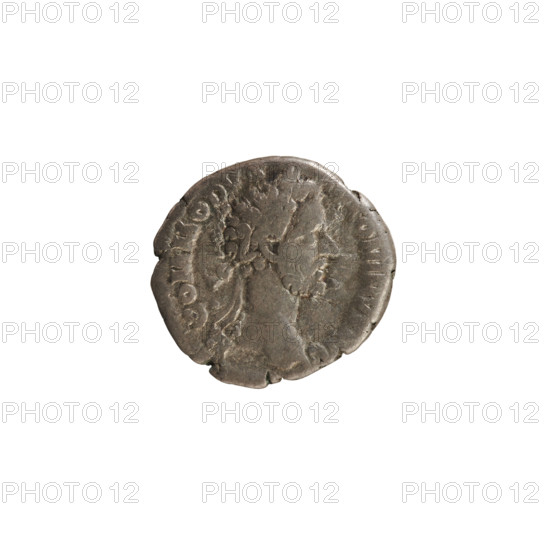 Denarius, Commodus (161–192; Roman emperor 177–192). Obverse: Emperor's head right, wearing a laurel wreath; pearly border; inscription 'AVW. COMMODVS NTONINVS AVG' (second part poorly legible). Reverse: Naked Mars strides right, holding a spear in his right hand and a trophy in his left; pearl border; inscription 'IMP V COS III'. Rome, Roman Empire (27 BC–476). Coin; weight 3.32 g.