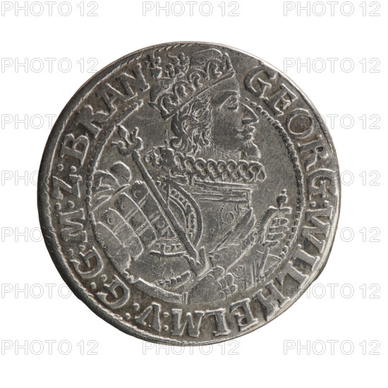 Obv. Bust facing right in a mitre, wide ruff and armor girded with a sash. A sceptre in his right hand, the left resting on a sword hilt. The figure's head divides the inner border. On the rim between the borders is an inscription ending with a heart GEORG:WILHELM:V:G:G:M:Z:BRAN. Rev. Below the ducal mitre, a five-field coat of arms with ornaments. On the sides of the shield are the date numerals 2-2. In the rim between the borders an inscription divided by a mitre :D:H:R:R:ERT:C:V:CHVRF:I:P:Z:G:C:B:H. 1622. George William Hohenzollern (Elector of Brandenburg; Duke of Prussia; 1620–1640). Ducal Prussia (1525–1701), Königsberg. Coin; diameter 29.6 mm; weight 6.23 g; axis 0°.