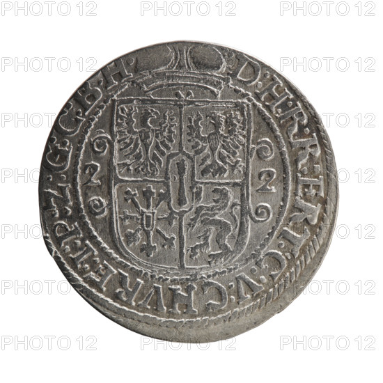 Obv. Bust facing right in a mitre, wide ruff and armor girded with a sash. A sceptre in his right hand, the left resting on a sword hilt. The figure's head divides the inner border. On the rim between the borders is an inscription ending with a heart GEORG:WILHELM:V:G:G:M:Z:BRAN. Rev. Below the ducal mitre, a five-field coat of arms with ornaments. On the sides of the shield are the date numerals 2-2. In the rim between the borders an inscription divided by a mitre :D:H:R:R:ERT:C:V:CHVRF:I:P:Z:G:C:B:H. 1622. George William, Elector of Brandenburg; Duke of Prussia (1620–1640). Ducal Prussia (1525–1701), Königsberg. Coin; diameter 29.6 mm; weight 6.23 g; axis 0°.