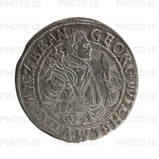 Obv. A bust in armor turned right, girded with a sash, a sceptre in his right hand. In front of the bust, on the right side in the coin field, a helmet with a plume. Below the date numeral 1622. The figure's head divides the inner border. In the rim between the borders is the inscription GEORG:WILHELM:V:G:G:MA:Z:BRAN. Rev. Below the ducal mitre, a five-field coat of arms shield with ornaments. In the rim between the borders, an inscription divided by a mitre, .ERT.CVGHVR.EIPZGGBH. 1622. Ducal Prussia (1525–1701), Königsberg. Coin: diameter 29.8 mm, weight 6.90 g, axis 45 degrees.