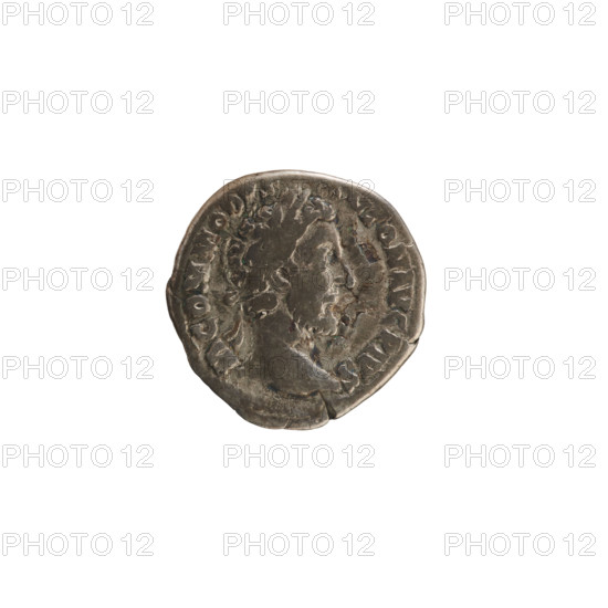 Denarius, Commodus (161–192 CE). Obverse: Emperor's head right, laurel wreath; legend M COMMOD ANTON AVG PIVS; pearl border. Reverse: Minerva strides right, throws a javelin with right hand, holds a shield in left; legend TR P VIII IMP VI COS IIII PP; pearl border. Silver coin (denarius), weight 2.55 g; Roman Empire, Rome, 183 CE.