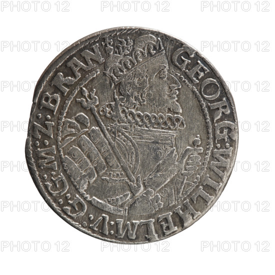 Obv. Bust facing right in a mitre, wide ruff, and armor girded with a sash. In his right hand a sceptre, the left rests on a sword hilt. The figure's head divides the inner border. On the rim between the borders is an inscription ending with a heart GEORG:WILHELM:V:G:G:M:Z:BRAN. Rev. Below the ducal mitre, a five-field coat of arms with ornaments. On the sides of the shield are the date numerals ZZ. In the rim between the borders an inscription divided by a mitre and ending with a heart D:H:R:R:ERT:C:V:CHVRF:I:P:Z:G:C:B:H, 1622. Ducal Prussia (1525–1701), Königsberg. Coin: diameter 29.8 mm, weight 6.06 g, axis 0°. Subject: George William Hohenzollern (Elector of Brandenburg; Duke of Prussia; 1620–1640).