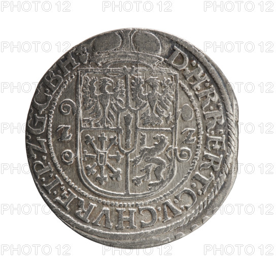 Obv. Bust facing right in a mitre, wide ruff, and armor girded with a sash. In his right hand a sceptre, the left rests on a sword hilt. The figure's head divides the inner border. On the rim between the borders is an inscription ending with a heart GEORG:WILHELM:V:G:G:M:Z:BRAN. Rev. Below the ducal mitre, a five-field coat of arms with ornaments. On the sides of the shield are the date numerals ZZ. In the rim between the borders an inscription divided by a mitre and ending with a heart D:H:R:R:ERT:C:V:CHVRF:I:P:Z:G:C:B:H. 1622. George William Hohenzollern (Elector of Brandenburg; Duke of Prussia; 1620–1640). Ducal Prussia (1525–1701), Königsberg. Coin; diameter 29.8 mm; weight 6.06 g; axis 0°.