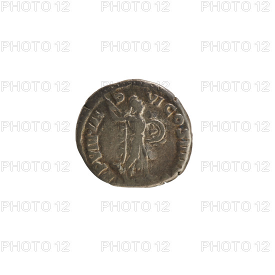 Denarius, Commodus (161–192; Roman emperor 177–192). Obverse: Emperor's head right, laurel wreath; pearly border. Reverse: TR P VIII IMP VI COS IIII, Minerva strides right, throws a javelin with her right hand, holds a shield in her left; pearl border. Silver coin, weight 2.37 g, Roman Empire (27 BC–476), Rome.