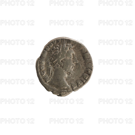 Denarius, Commodus (161–192; Roman emperor 177–192). Obverse: Emperor's head right, in a laurel wreath; inscription 'M COMMODVS' (partial), pearl border. Reverse: Roma in military attire standing left, holding Victoria in her raised right hand and a spear vertically in her left; inscription 'TR P VIII, VI COS IIII PP', pearl border. Iconography: imperial bust, Victoria (attribute), spear (attribute). Coin; Roman Empire (27 BC–476); Rome; weight 2.92 g.