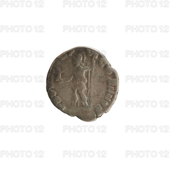 denarius, Commodus (161–192; Roman emperor 177–192), hoard from Golub (numism.), busts, imperial busts, Commodus (161–192; Roman emperor 177–192), Roma (mythology), treasures (numism.), Commodus (161–192; Roman emperor 177–192) — iconography, Victoria (attribute), spear (attribute). Obv.: M COMMODVS ON G PIVS. Emperor's head right, laurel wreath. Pearl border. Rev.: TR P VIII VI COS IIII PP. Roma in military attire standing left, holding Victoria in her raised right hand and a spear vertically in her left hand. Pearl border. 183, Roman Empire (27 BC–476), Rome, coin, weight 2.92 g