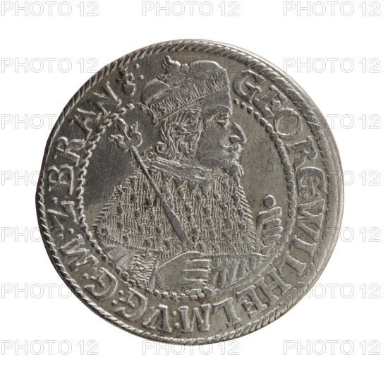 Male bust in armor, coats of arms, George William Hohenzollern (Elector of Brandenburg; Duke of Prussia; 1620–1640) — Obverse: bust facing right in mitre and electoral mantle, sceptre in right hand, left resting on sword hilt; figure's head divides inner border; rim inscription ending with a heart GEORG:WILHELM:V:G:G:M:Z:BRAN. Reverse: below the ducal mitre, a five-field coat of arms with ornaments; date numerals ZZ on sides of the shield; rim inscription divided by a mitre :D:H:R:R:ERT:C:V:CHVRF:I:P:Z:G:C:B:H:. 1622. Ducal Prussia (1525–1701), Königsberg. Coin, diameter 30.0 mm, weight 7.09 g, axis 0°.