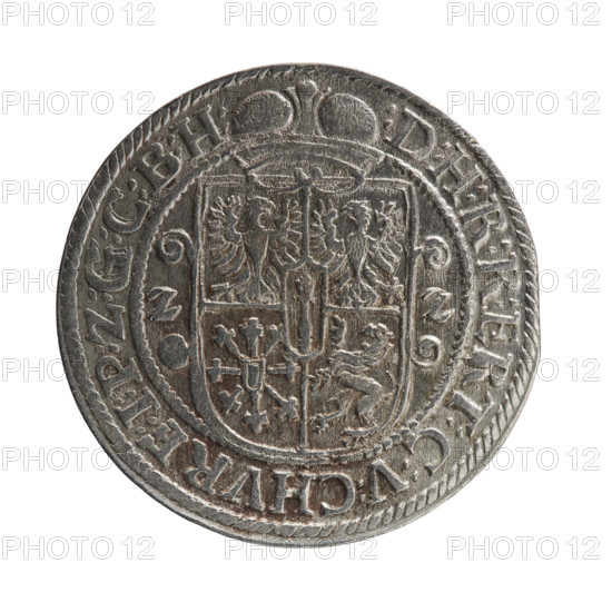 Male bust facing right in mitre and electoral mantle; sceptre in right hand, left resting on a sword hilt. Figure's head divides the inner border. Rim between borders bears inscription ending with a heart GEORG:WILHELM:V:G:G:M:Z:BRAN. Reverse: below the ducal mitre, a five-field coat of arms with ornaments; date numerals ZZ on sides of the shield. Rim between borders has inscription divided by a mitre :D:H:R:R:ERT:C:V:CHVRF:I:P:Z:G:C:B:H:. 1622. Ducal Prussia (1525–1701), Königsberg. Coin; diameter 30.0 mm; weight 7.09 g; axis 0°.
