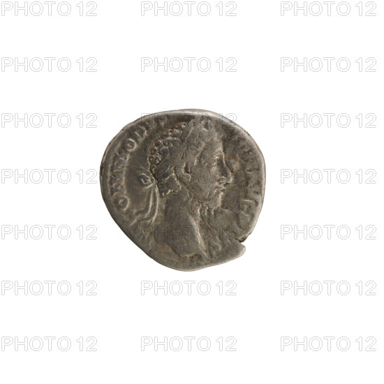 Denarius of Commodus (161–192; Roman emperor 177–192). Obverse: M COMMODVS TON AVG PIVS — head of the emperor right, wearing a laurel wreath; pearly border. Reverse: PM TR P, P VI COS IIII PP — Felicitas standing left, holding a caduceus in her right hand and a cornucopia in her left, with a modius before her; pearl border. Iconography: imperial bust, Felicitas (personification), cornucopia, caduceus. Date: 183–184. Roman Empire (27 BC–476), Rome. Coin; weight 2.63 g; axis 180°.