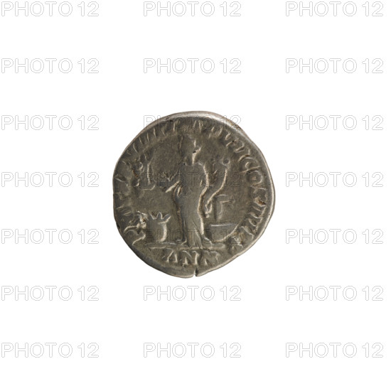 Denarius of Commodus (reigned 177–192). Obverse: Laureate bust of the emperor right; pearly border; inscription 'COMM ANT AVG P BRIT'. Reverse: Annona standing facing left, holding a statuette in her right hand and a cornucopia in her left, with a modius in front and a ship's prow behind; inscription 'PM TR P VIIII IMP VII COS IIII PP' and the line 'ANN.'; pearly border. Roman Empire (27 BC–AD 476), Rome; coin; weight 2.82 g.