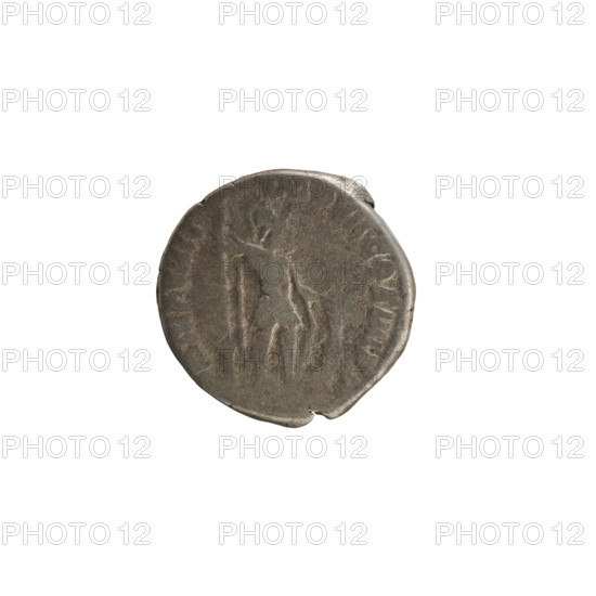 Denarius of Commodus (161–192; Roman emperor 177–192). Obverse: emperor's head right, wearing a laurel wreath; pearl border; legend M COMM AN O. Reverse: Mars in military attire and helmet standing right, holding a spear vertically in his right hand and resting on a shield; legend PM TR P VIIII IMP VII COS IIII PP (legend poorly legible). Iconography: imperial bust, Mars (mythology), shield and spear attributes. Roman Empire (27 BC–476), Rome; coin; weight 3.30 g.
