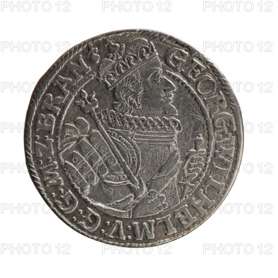 Obv. Bust facing right in a mitre, wide ruff and armor girded with a sash. A sceptre in his right hand, the left resting on a sword hilt. The figure's head divides the inner border. On the rim between the borders is an inscription ending with a heart GEORG:WILHELM:V:G:G:M:Z:BRAN. Rev. Below the ducal mitre, a five-field coat of arms with ornaments. On the sides of the shield are the date numerals 2-2. In the rim between the borders an inscription divided by a mitre :D:H:R:R:ERT:C:V:CHVRF:I:P:Z:G:C:B:H. 1622. Depicts George William Hohenzollern (Elector of Brandenburg; Duke of Prussia; 1620–1640). Ducal Prussia (1525–1701), Königsberg. Coin; diameter 29.9 mm; weight 6.86 g; axis 0°.