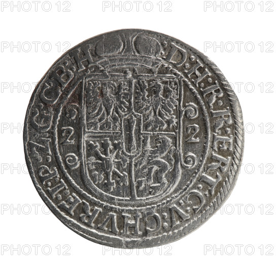 Obv. Bust facing right in a mitre, wide ruff and armor girded with a sash. A sceptre in his right hand, the left resting on a sword hilt. The figure's head divides the inner border. On the rim between the borders is an inscription ending with a heart GEORG:WILHELM:V:G:G:M:Z:BRAN. Rev. Below the ducal mitre, a five-field coat of arms with ornaments. On the sides of the shield are the date numerals 2-2. In the rim between the borders an inscription divided by a mitre :D:H:R:R:ERT:C:V:CHVRF:I:P:Z:G:C:B:H. 1622. George William Hohenzollern (Elector of Brandenburg; Duke of Prussia; 1620–1640). Ducal Prussia (1525–1701), Königsberg. Coin; diameter 29.9 mm; weight 6.86 g; axis 0°.