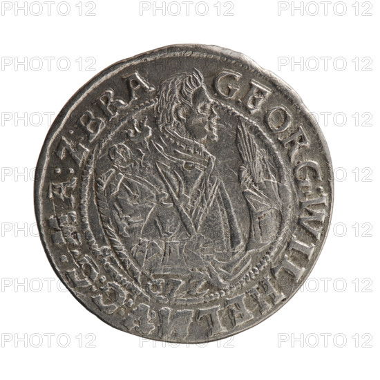 Male bust in armor, coats of arms, George William Hohenzollern (Elector of Brandenburg; Duke of Prussia; 1620–1640) — iconography. Obverse: bust in armor facing right, girded with a sash, sceptre in right hand; in front of the bust on the right in the field, a helmet with plume. Below the date numeral 1622. The figure's head divides the inner rim. Rim inscription: GEORG:WILHELM:V:G:G:MA:Z:BRA. Reverse: below the ducal mitre, a five-field coat of arms with ornaments; rim inscription divided by a mitre and ending with DHRRERTC.V.CHVR. Date 1622. Ducal Prussia (1525–1701), Königsberg. Coin: diameter 30.0 mm, weight 6.52 g, axis 180°.