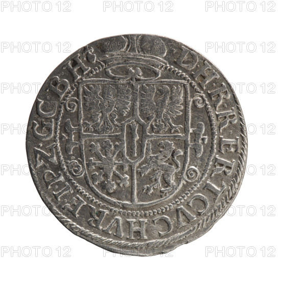 Male bust in armor, coats of arms, George William Hohenzollern (Elector of Brandenburg; Duke of Prussia; 1620–1640) — iconography. Obverse: bust in armor facing right, girded with a sash, sceptre in right hand; helmet with plume in coin field at right; below the date numeral 1622; figure's head divides the inner rim; rim inscription GEORG:WILHELM:V:G:G:MA:Z:BRA. Reverse: below the ducal mitre, a five-field coat of arms with ornaments; rim inscription divided by a mitre and ending with a heart DHRRERTC.V.CHVR E.ZGCBH. 1622. Ducal Prussia (1525–1701), Königsberg. Coin: diameter 30.0 mm, weight 6.52 g, axis 180° .