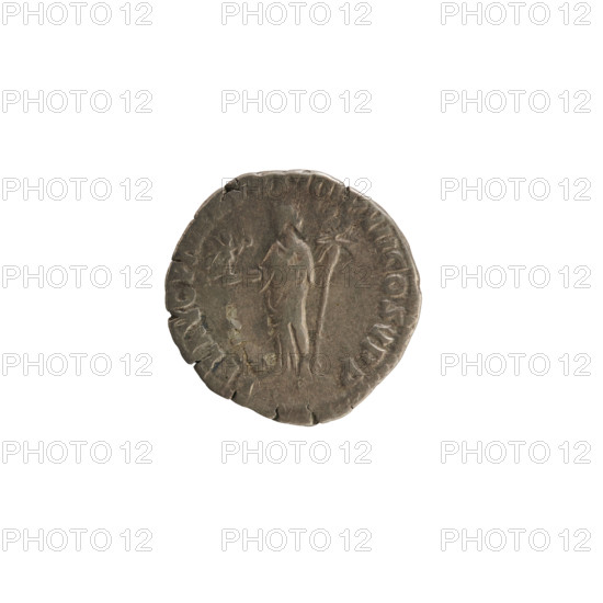 Denarius of Commodus (161–192; Roman emperor 177–192). Obverse: Emperor's bust right, with laurel wreath; legend 'M COMM ANT RIT'. Reverse: Felicitas standing left holding Victoria in her raised right hand and a long caduceus in her left; legend 'TR P XI IMP VII COS V PP'. Roman Empire, 186 CE. Silver coin (denarius), weight 2.76 g.
