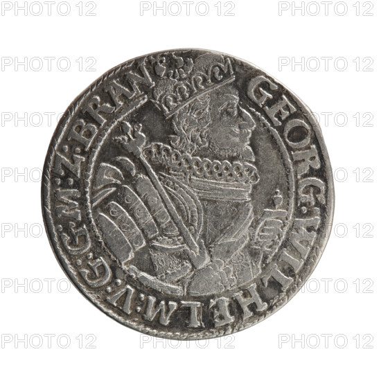 Obv. Bust facing right in a mitre, wide ruff and armor girded with a sash. A sceptre in his right hand, the left resting on a sword hilt. The figure's head divides the inner border. On the rim between the borders is an inscription ending with a heart GEORG:WILHELM:V:G:G:M:Z:BRAN. Rev. Below the ducal mitre, a five-field coat of arms with ornaments. On the sides of the shield are the date numerals 2–2. In the rim between the borders an inscription divided by a mitre :D:H:R:R:ERT:C:V:CHVRF:I:P:Z:G:C:B:H. 1622. George William, Elector of Brandenburg; Duke of Prussia (1620–1640). Ducal Prussia (1525–1701), Königsberg. Coin; diameter 29.7 mm; weight 6.53 g; axis 0°.
